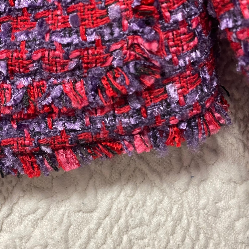 Talbots Petite Red Purple Tweed Jacket Gold Crest Button Frayed Trim Blazer 12P - Picture 6 of 7